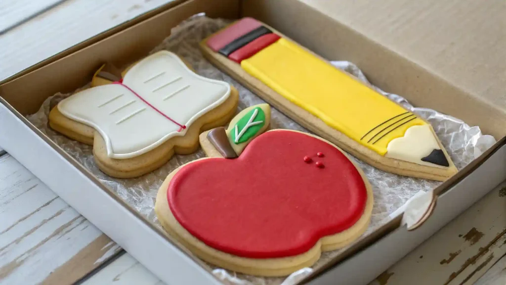 Beautifully decorated royal icing sugar cookies shaped like an apple and a pencil, being packed as a teacher gift.