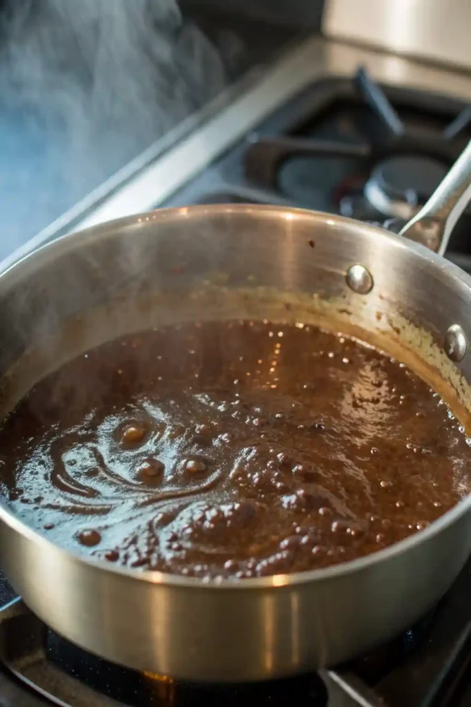 The chocolate and sugar mixture for no-bake cookies boiling in a saucepan on the stove.