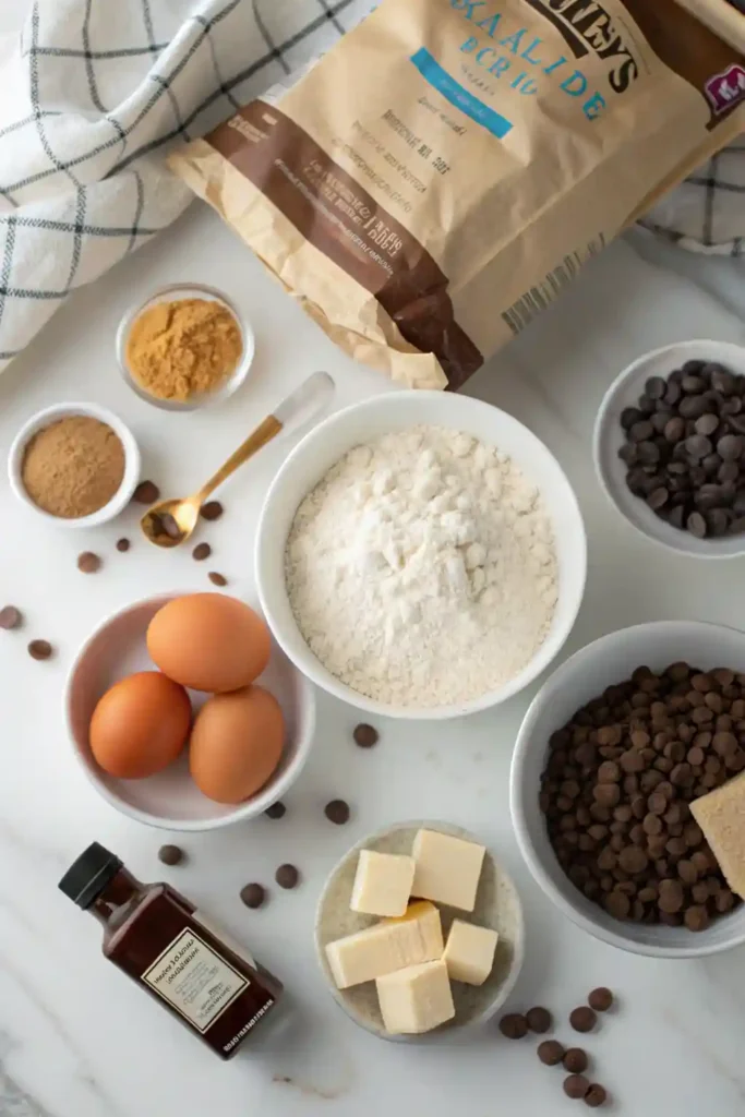 Ingredients for classic chocolate chip cookies including flour, sugar, butter, eggs, and chocolate chips arranged on a marble surface.