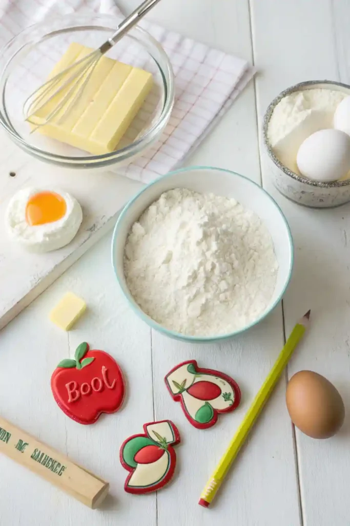 Ingredients for cut-out sugar cookies with apple and pencil shaped cookie cutters on a light wooden background.