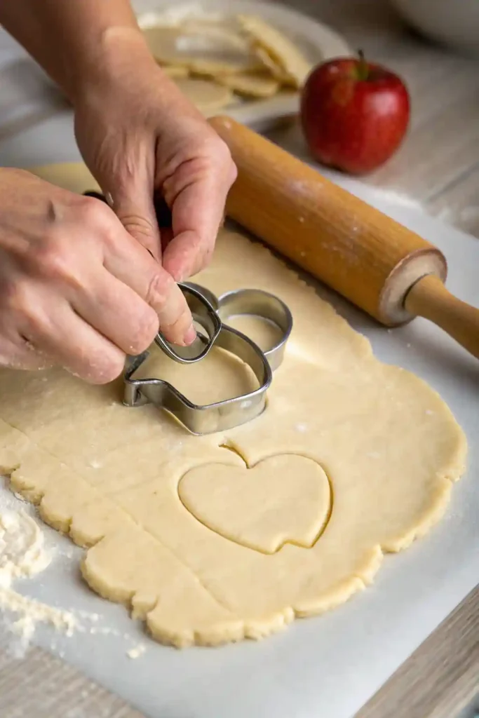 Hands pressing an apple-shaped cookie cutter into rolled-out sugar cookie dough on a floured surface.