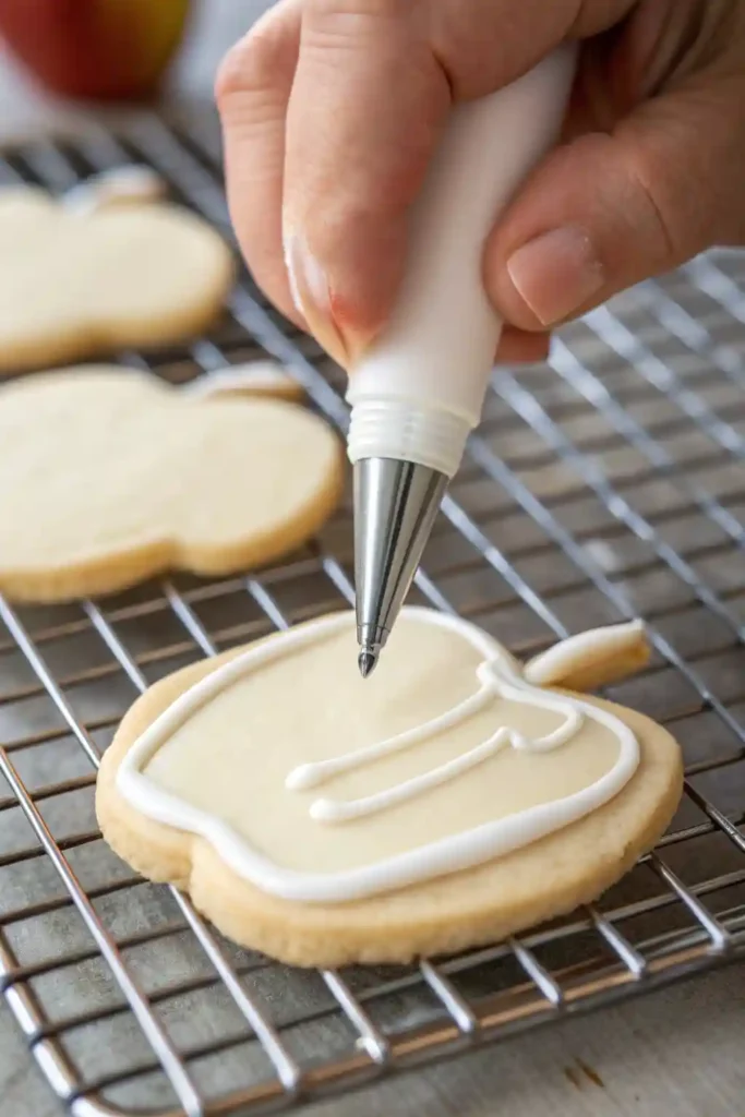 A close-up of a hand decorating an apple-shaped sugar cookie with white royal icing using a piping bag.