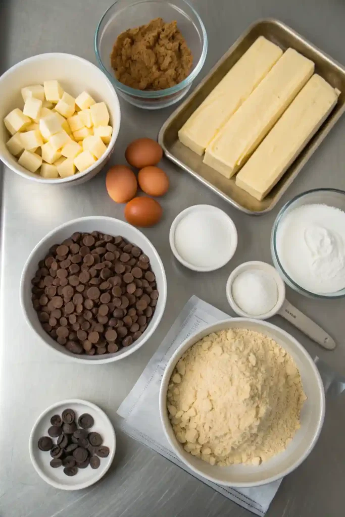 Ingredients for a large batch of freezer-friendly chocolate chip cookie dough arranged on a counter.