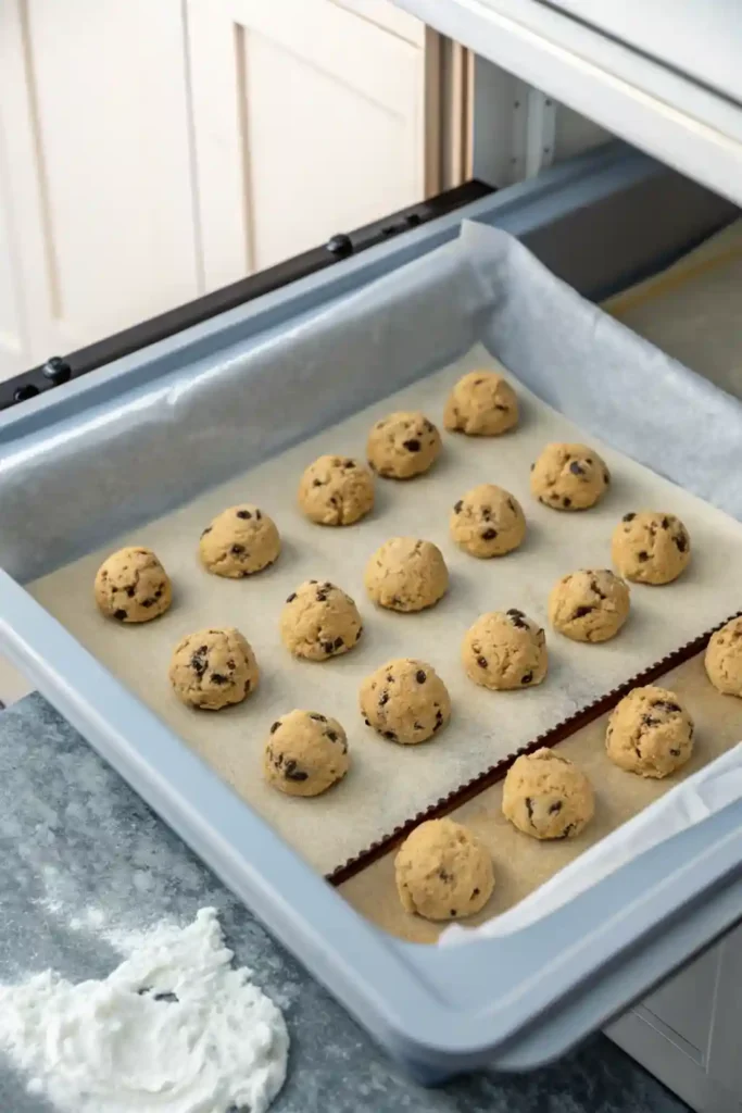 A baking sheet with scoops of chocolate chip cookie dough being placed into a freezer to be frozen.