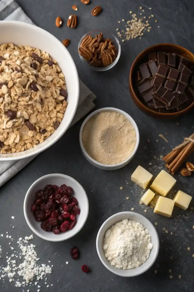 A variety of ingredients for Oatmeal Kitchen Sink Cookies, including oats, chocolate chips, nuts, and dried fruit, arranged on a dark surface.
