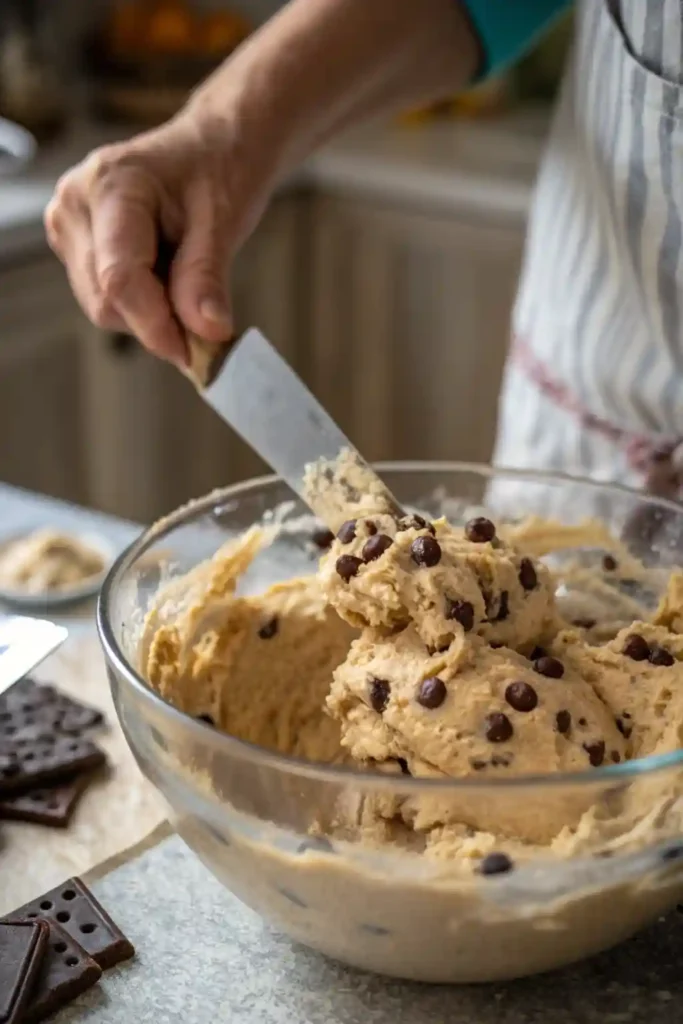 A close-up of hands folding chocolate chips into thick cookie dough in a glass bowl.