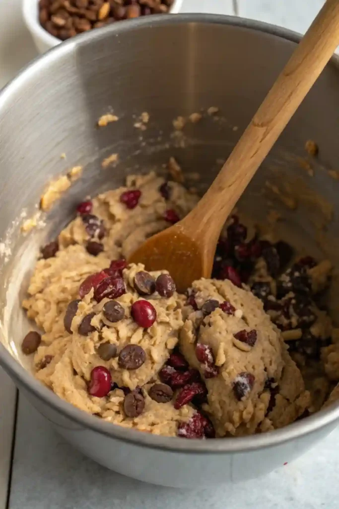 Stirring a chunky oatmeal cookie dough loaded with chocolate chips, nuts, and dried fruit with a wooden spoon.