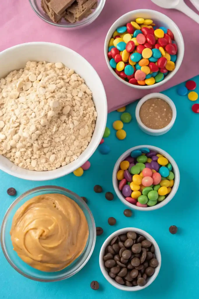 Colorful ingredients for The Best Monster Cookies Recipe, including oats, peanut butter, M&Ms, and chocolate chips, surrounding a large mixing bowl.
