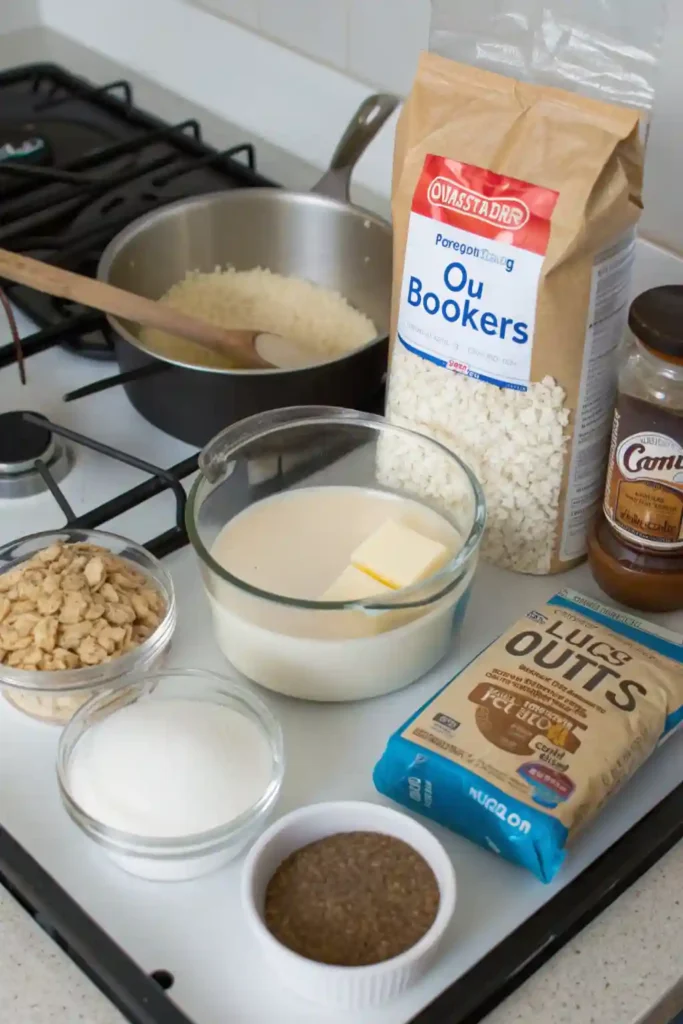 Ingredients for no-bake cookies including oats, peanut butter, cocoa, and sugar arranged next to a saucepan on a stove.