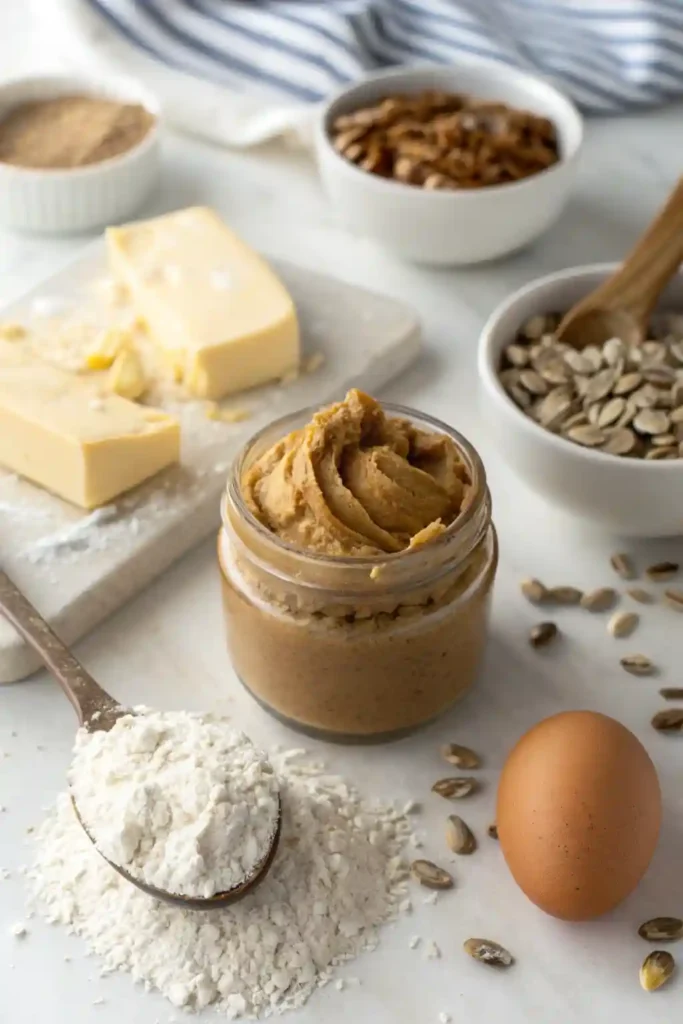 ngredients for safe, nut-free cookies, highlighting a jar of Sunbutter (sunflower seed butter).