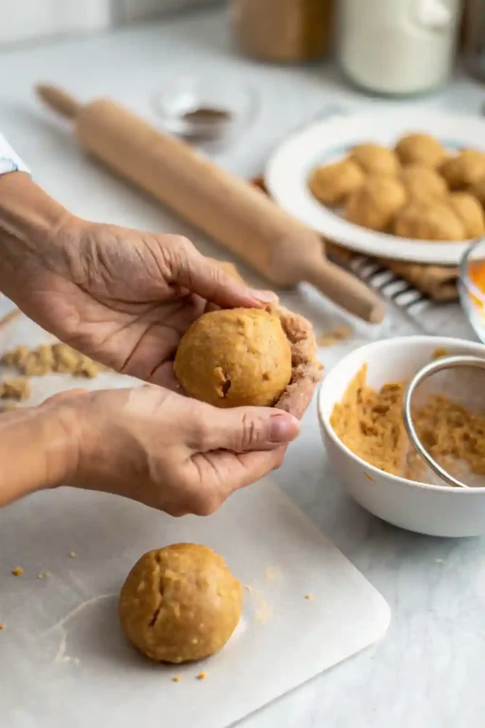 Hands rolling Sunbutter cookie dough into a smooth ball before