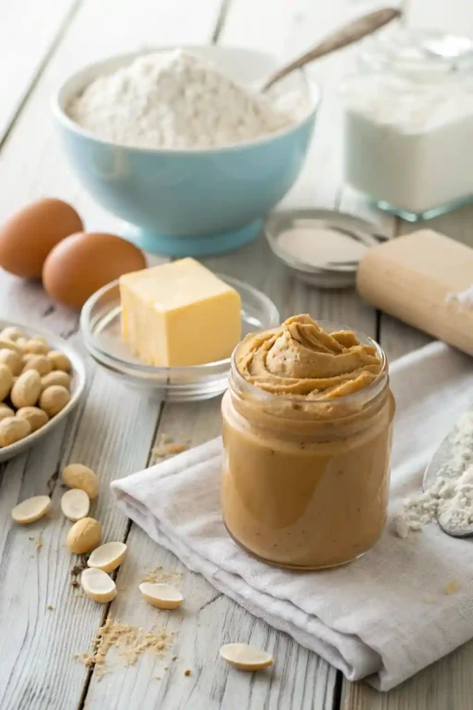 Ingredients for making Peanut Butter Lunchbox Cookies , featuring a prominent jar of creamy peanut butter on a wooden table.