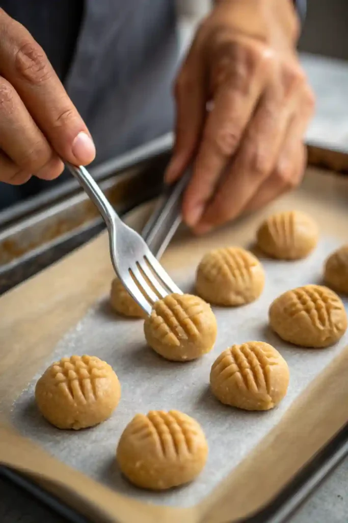 A hand pressing a crisscross pattern into peanut butter cookie dough with a fork before baking.