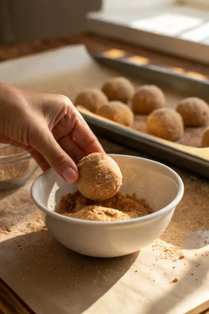 A hand rolling a ball of snickerdoodle cookie dough in a bowl of cinnamon sugar.