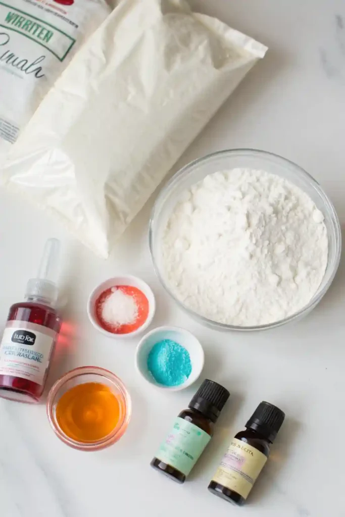 Ingredients for making easy royal icing, including powdered sugar, meringue powder, and gel food coloring.