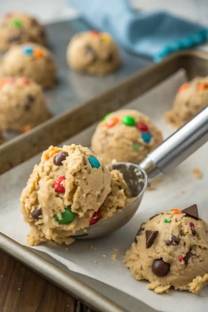 A large scoop of monster cookie dough being portioned onto a baking sheet.