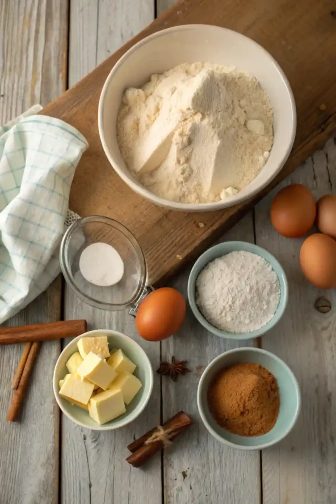 Ingredients for Classic Snickerdoodle Cookies, with special focus on the cream of tartar and the cinnamon-sugar mixture.