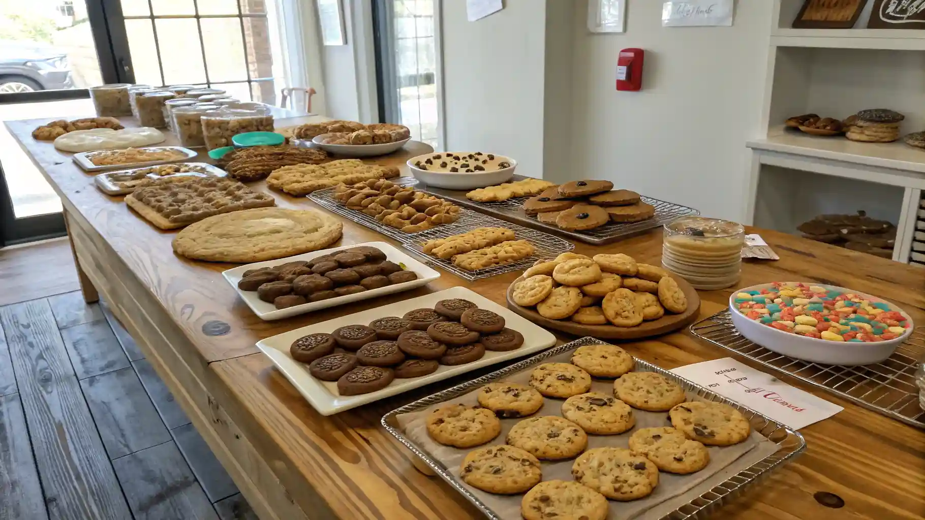 A large wooden table displaying ten different types of homemade back-to-school cookies, including chocolate chip, peanut butter, monster cookies, and decorated sugar cookies, with a bag of frozen dough.back to school cookie recipes