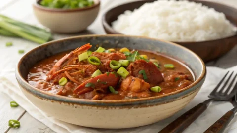 "A visually rich, close-up, slightly elevated shot of a steaming bowl of homemade Crawfish Étouffée. The thick, reddish-brown sauce, filled with plump crawfish tails, finely diced onions, bell peppers, and celery, is generously topped with fresh green onions. The bowl rests on a rustic wooden surface, with a blurred background showing white rice and crusty bread."
