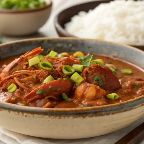 "A visually rich, close-up, slightly elevated shot of a steaming bowl of homemade Crawfish Étouffée. The thick, reddish-brown sauce, filled with plump crawfish tails, finely diced onions, bell peppers, and celery, is generously topped with fresh green onions. The bowl rests on a rustic wooden surface, with a blurred background showing white rice and crusty bread."