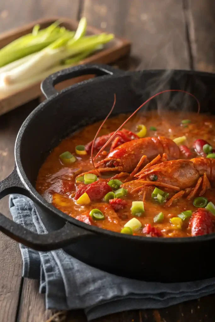 "Close-up of a bubbling, rich red-orange crawfish étouffée simmering in a black cast iron Dutch oven, with succulent crawfish tails and vibrant green bell peppers visible."