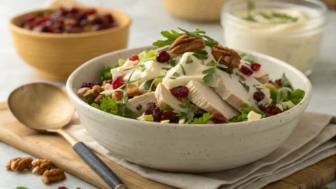 "A vibrant, creamy deli-style turkey salad in a rustic off-white ceramic bowl, garnished with whole dried cranberries, chopped walnuts, and fresh tarragon sprigs. A silver serving spoon rests in the bowl, which is placed on a light wooden surface beside a white linen napkin. The image is a close-up, soft-focus shot highlighting the salad's texture and ingredients."