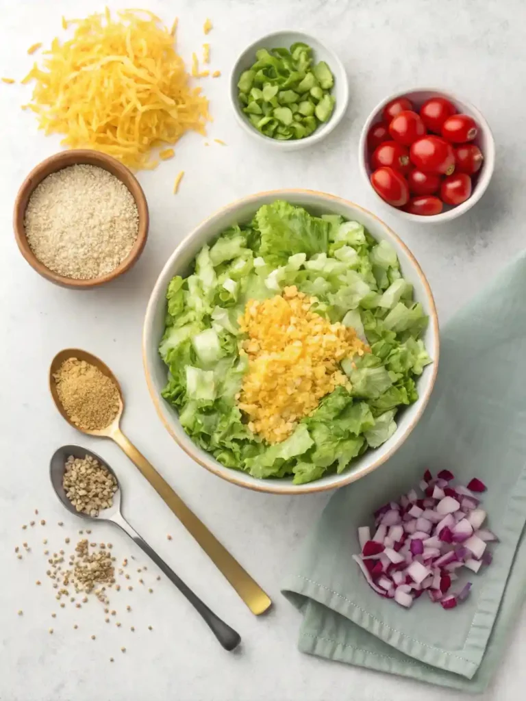"An overhead flat lay shot of the core ingredients for Big Mac Salad's seasoned ground beef: a portion of raw lean ground beef, a small bottle of olive oil, a white pinch bowl of onion powder, and another white pinch bowl of garlic powder, all neatly arranged on a light wooden surface."