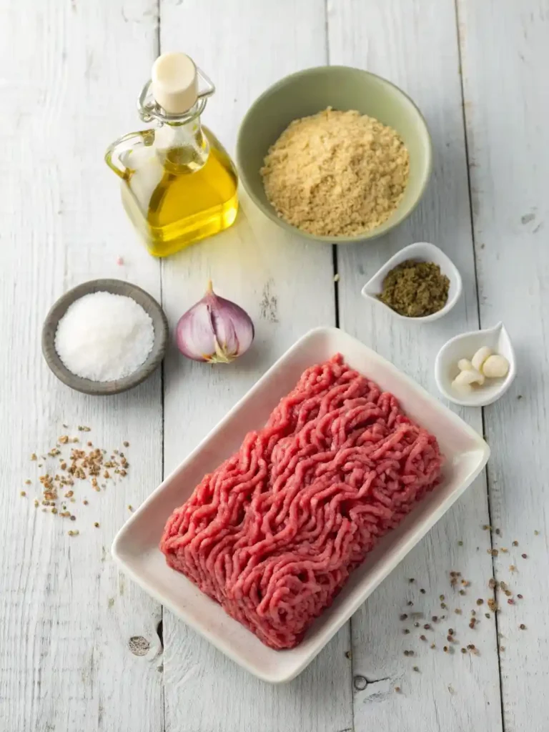 "An overhead flat lay shot of the core ingredients for Big Mac Salad's seasoned ground beef: a portion of raw lean ground beef, a small bottle of olive oil, a white pinch bowl of onion powder, and another white pinch bowl of garlic powder, all neatly arranged on a light wooden surface."