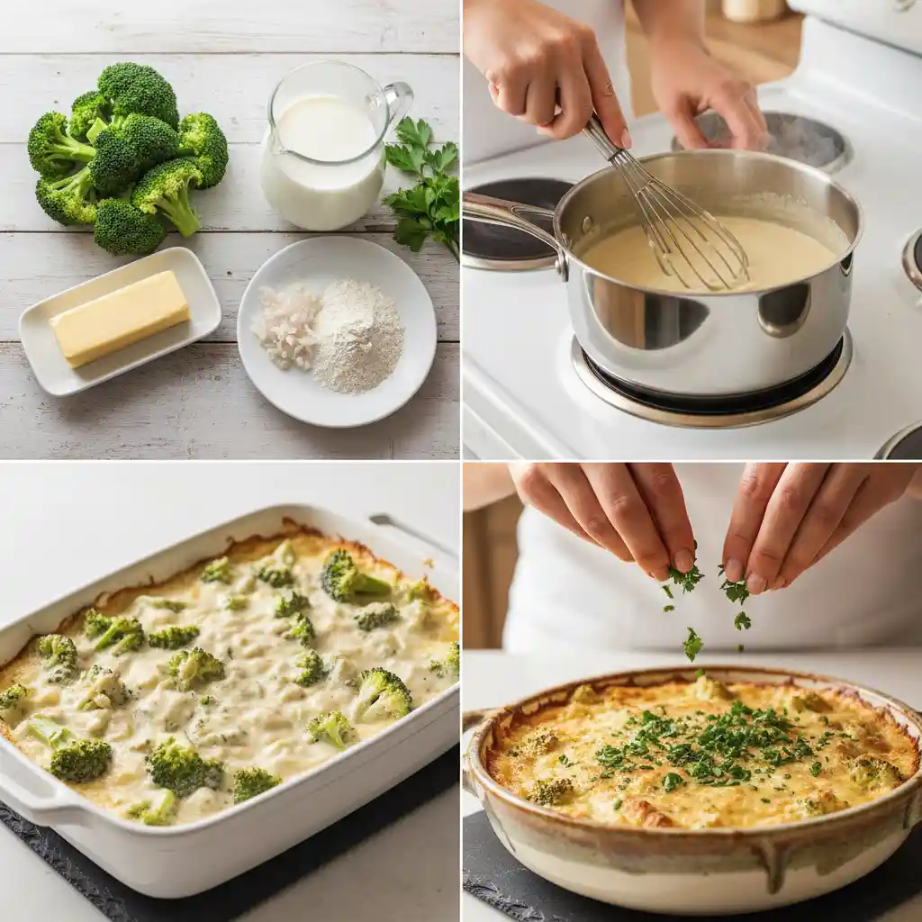 "A four-panel process collage depicting the making of a creamy broccoli casserole. The top left panel shows a flat lay of fresh broccoli, butter, shallots, flour, and milk. The top right panel features a close-up of a whisk stirring a thickening white sauce in a pot. The bottom left panel shows the casserole simmering in a white baking dish. The bottom right panel displays hands garnishing the finished casserole with fresh herbs."