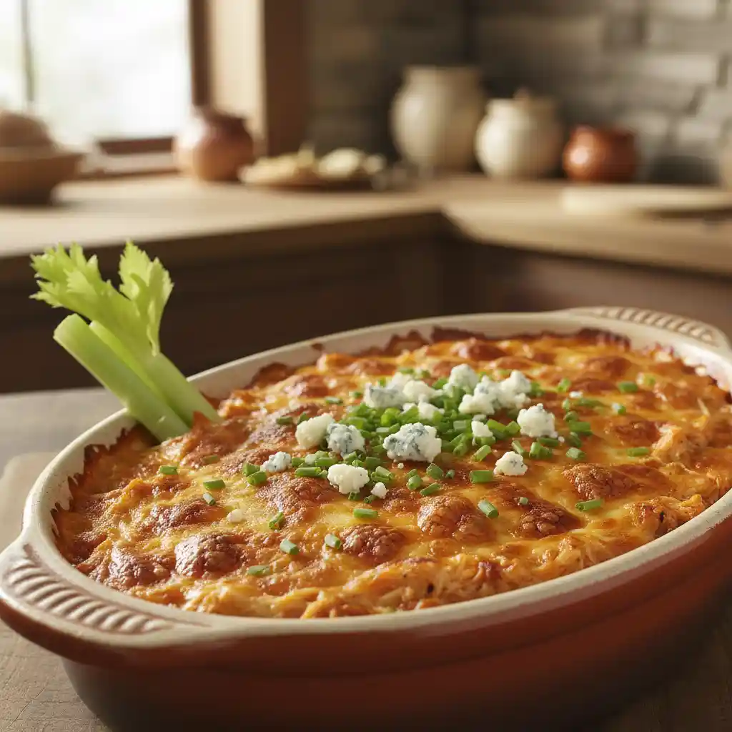 "Close-up of a bubbling, golden-brown healthy buffalo chicken dip in a rustic ceramic baking dish, garnished with fresh green chives and melted cheddar cheese. A celery stick is positioned near the edge of the dip."