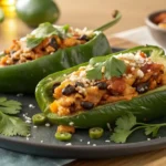 Two vibrant green poblano pepper halves, generously stuffed with a rich filling of shredded chicken, black beans, corn, and melted golden-brown cheese, garnished with fresh cilantro and cotija cheese, presented on a rustic wooden board and dark plate.