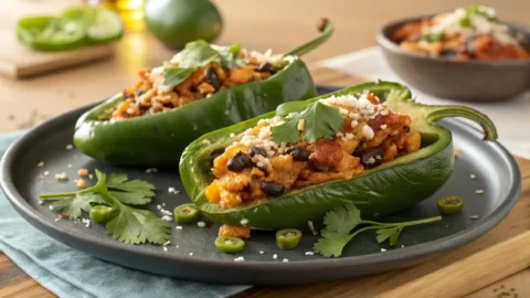 Two vibrant green poblano pepper halves, generously stuffed with a rich filling of shredded chicken, black beans, corn, and melted golden-brown cheese, garnished with fresh cilantro and cotija cheese, presented on a rustic wooden board and dark plate.