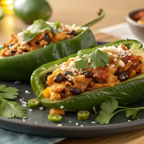 Two vibrant green poblano pepper halves, generously stuffed with a rich filling of shredded chicken, black beans, corn, and melted golden-brown cheese, garnished with fresh cilantro and cotija cheese, presented on a rustic wooden board and dark plate.
