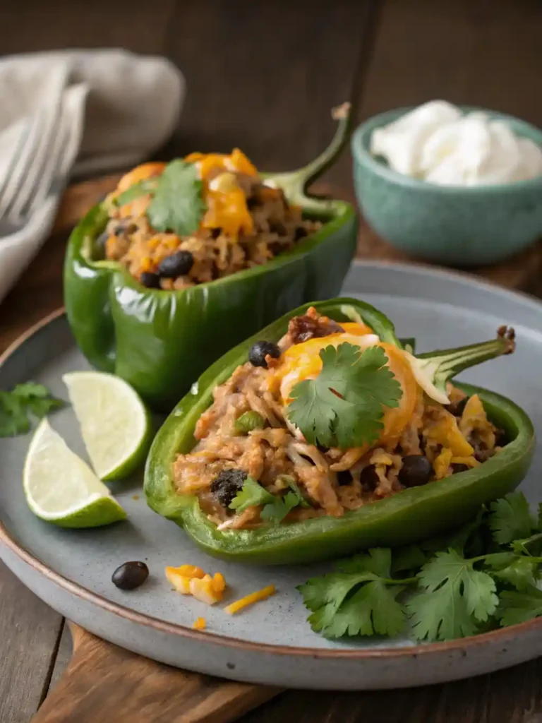 Two halved poblano peppers, generously stuffed with a cheesy chicken and black bean filling, topped with melted, bubbly golden cheese, fresh cilantro, and a dollop of sour cream, served on a rustic grey ceramic plate on a dark wooden surface.