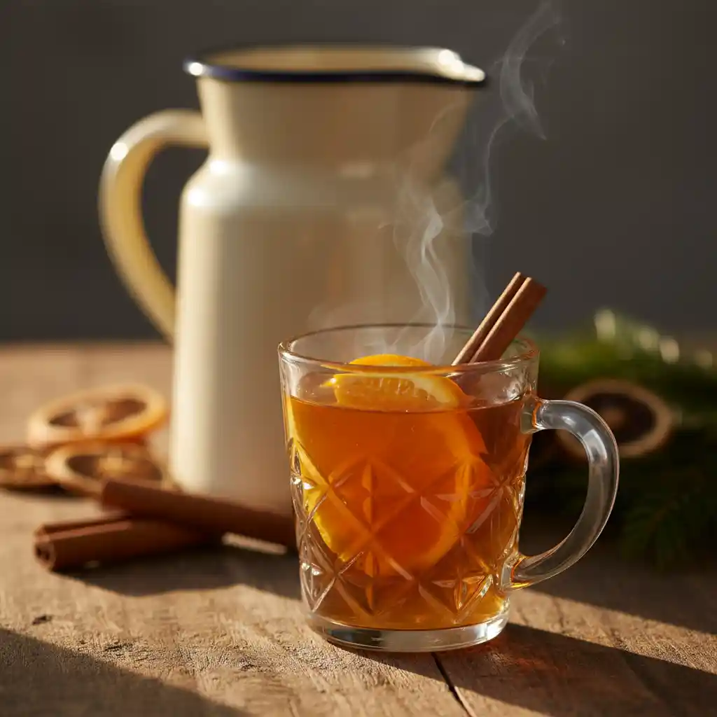 "A steaming glass mug of amber-hued Wassail, garnished with a bright orange slice and a cinnamon stick, sits on a rustic wooden table. In the softly blurred background, a pitcher of more Wassail and scattered festive spices are visible."