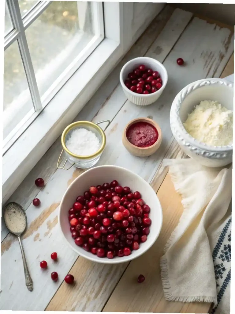 "A top-down flat lay image showcasing the key ingredients for Cranberry Jello Salad: fresh red cranberries, granulated sugar in a ceramic bowl, an opened package of raspberry gelatin powder, a whole navel orange, a pile of orange zest, chopped orange segments in a small bowl, and a glass measuring cup with water, all arranged on a light wooden surface."