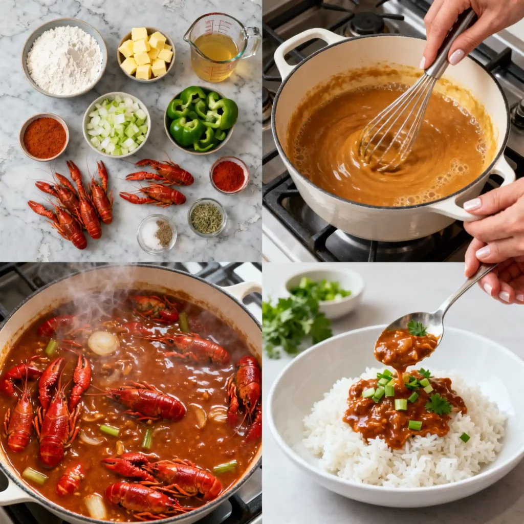 "A four-panel process collage illustrating the steps of making Crawfish Étouffée. The top-left panel shows a flat lay of ingredients including chopped vegetables, crawfish, butter, flour, and spices on a light marble surface. The top-right panel features hands whisking a golden roux in a red enameled Dutch oven. The bottom-left panel shows the étouffée gently simmering in the pot, rich and thick. The bottom-right panel displays hands carefully garnishing a plated bowl of étouffée with green onions and parsley over rice."