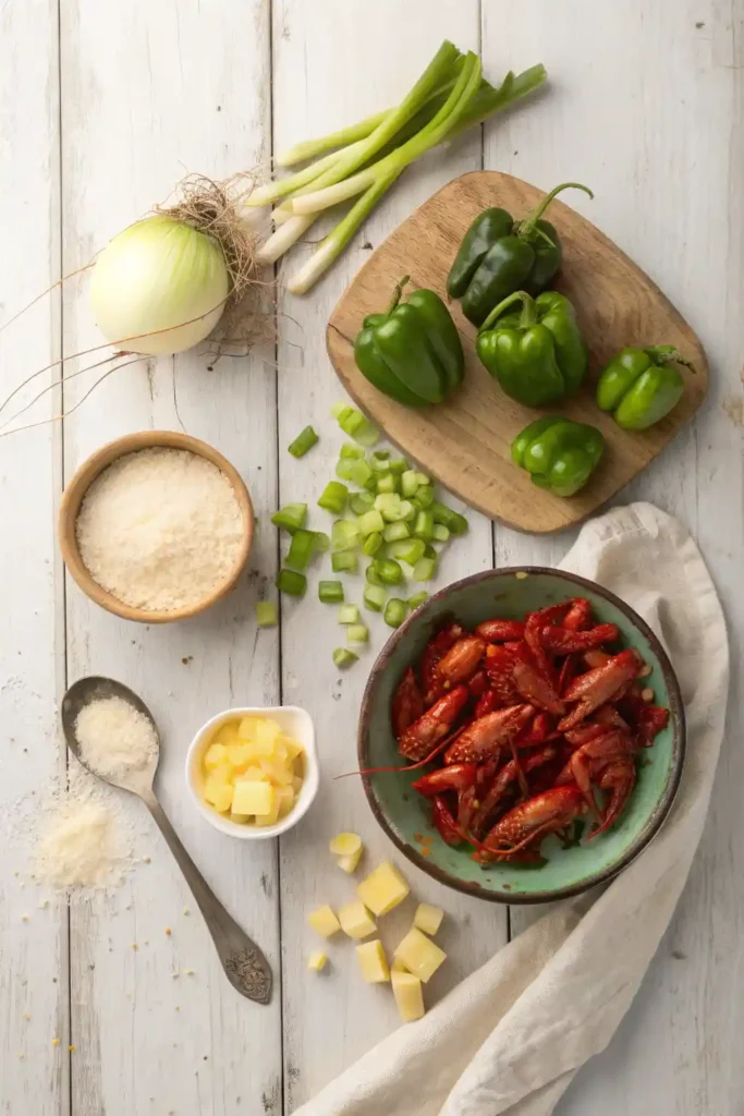 "Overhead flat lay of fresh ingredients for Crawfish Étouffée, including finely chopped yellow onion, green bell pepper, celery, unbleached all-purpose flour in a ceramic bowl, and softened butter on a measuring spoon, all arranged on a light rustic wooden surface."