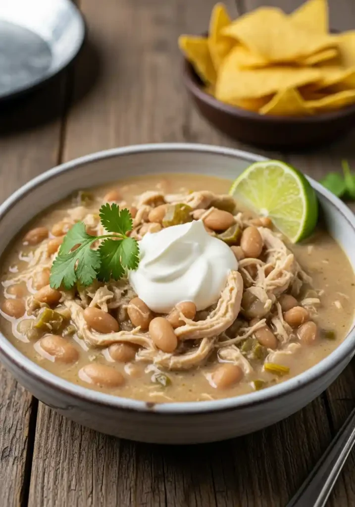 "A rustic ceramic bowl filled with creamy white chicken chili, garnished with a swirl of sour cream, fresh green cilantro, and a vibrant lime wedge, sits on a warm wooden table. The chili shows visible pieces of shredded chicken, whole white beans, and green chiles, indicating its thick and hearty texture, with soft-focused tortilla chips in the background."