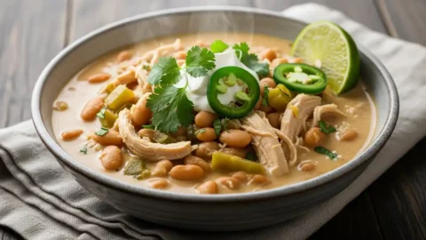 "A close-up, overhead shot of a steaming bowl of Crockpot White Chicken Chili , richly garnished with fresh cilantro, a dollop of sour cream, and vibrant jalapeño slices, served on a rustic dark wooden table with a soft linen napkin and a lime wedge."