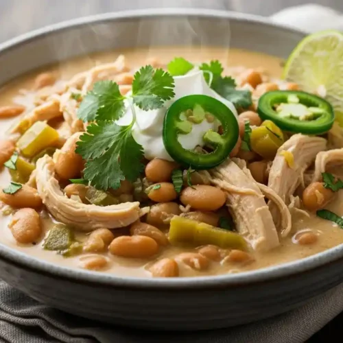 "A close-up, overhead shot of a steaming bowl of Crockpot White Chicken Chili , richly garnished with fresh cilantro, a dollop of sour cream, and vibrant jalapeño slices, served on a rustic dark wooden table with a soft linen napkin and a lime wedge."