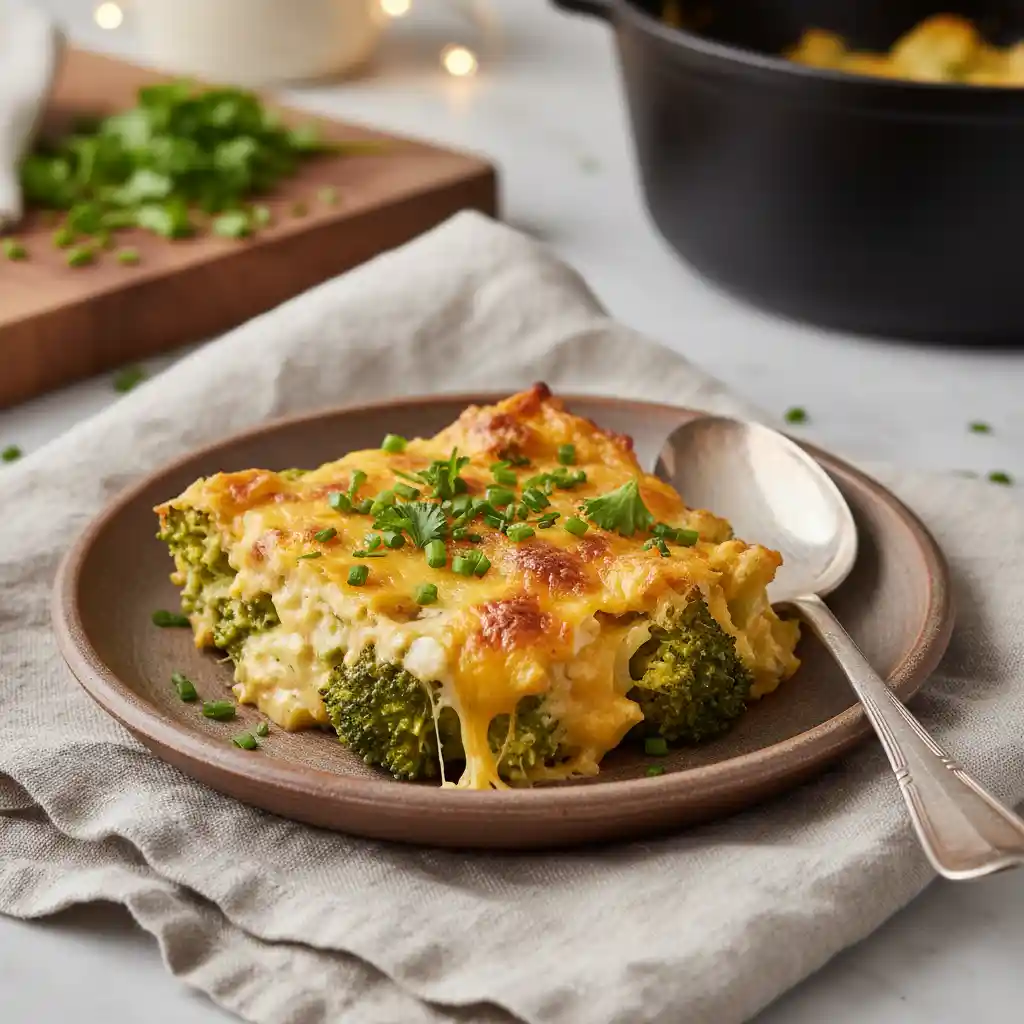 "A close-up image of a generous serving of homemade broccoli casserole in a round white ceramic bowl, showcasing tender green broccoli florets enveloped in a rich, golden cheese sauce with a bubbly, golden-brown gratinéed top, garnished with fresh herbs. A vintage silver spoon rests beside the bowl on a light linen napkin."