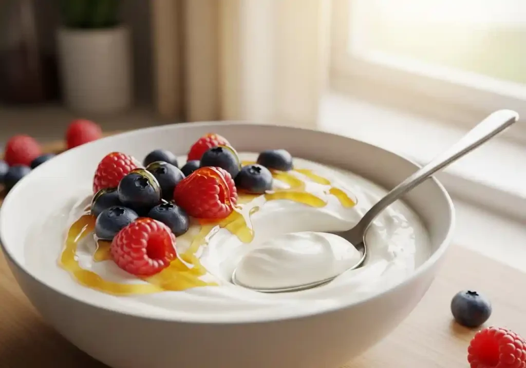 "A close-up, top-down shot of a white ceramic bowl filled with thick, creamy homemade Instant Pot Yogurt. It is generously garnished with a drizzle of golden honey, fresh blueberries, and red raspberries. A silver spoon with a dollop of yogurt rests in the bowl, on a light wooden surface."