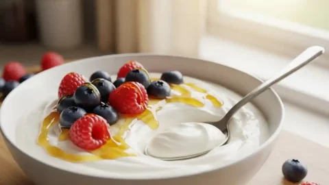 "A close-up, top-down shot of a white ceramic bowl filled with thick, creamy homemade Instant Pot Yogurt. It is generously garnished with a drizzle of golden honey, fresh blueberries, and red raspberries. A silver spoon with a dollop of yogurt rests in the bowl, on a light wooden surface."