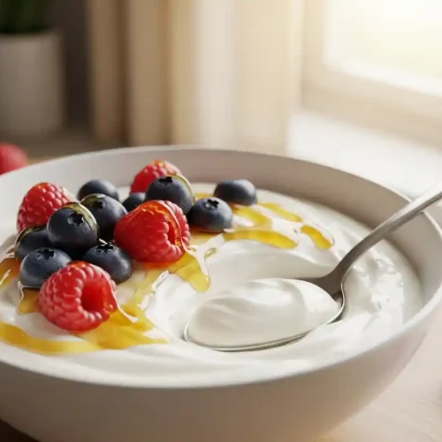 "A close-up, top-down shot of a white ceramic bowl filled with thick, creamy homemade Instant Pot Yogurt. It is generously garnished with a drizzle of golden honey, fresh blueberries, and red raspberries. A silver spoon with a dollop of yogurt rests in the bowl, on a light wooden surface."