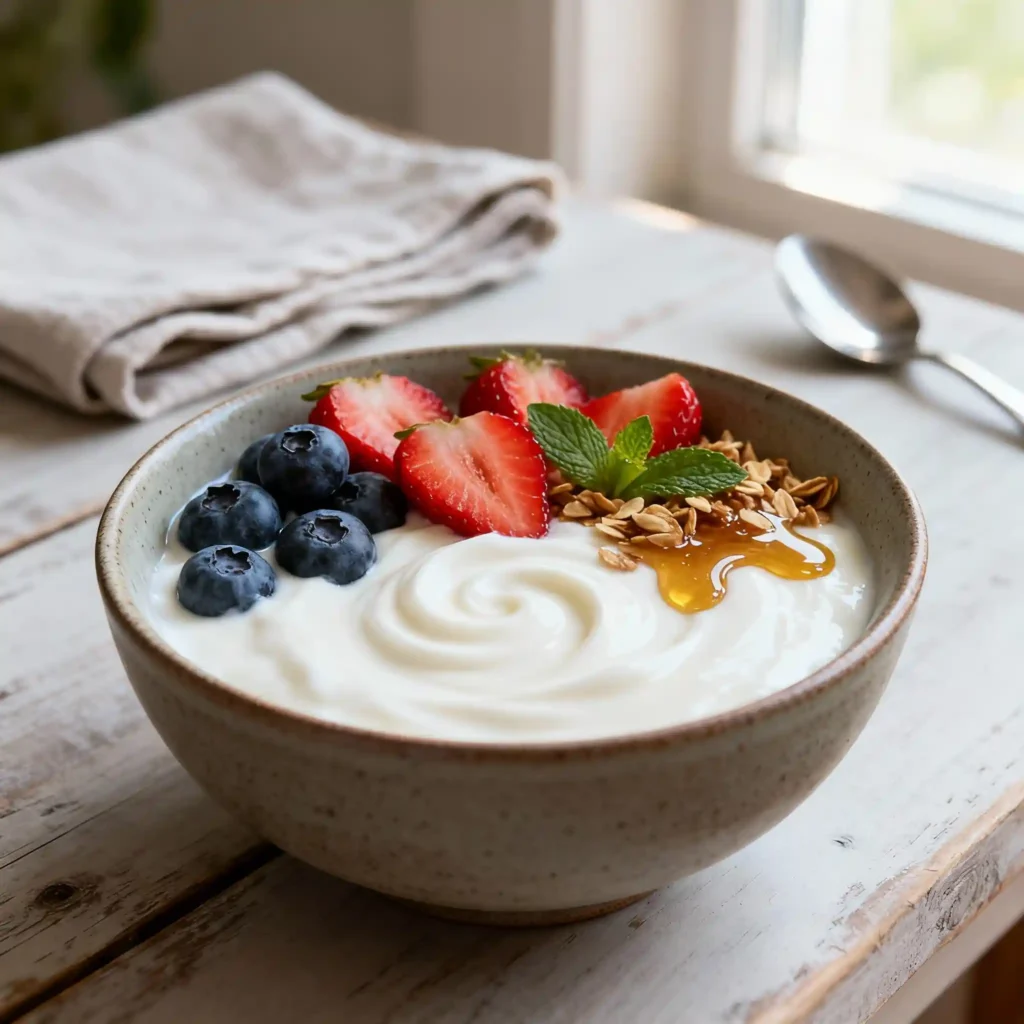 "A bowl of creamy, homemade Instant Pot yogurt topped with fresh blueberries, sliced strawberries, a drizzle of honey, granola, and mint leaves, presented on a light wooden surface."