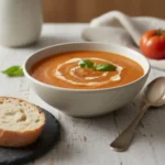 "A bowl of vibrant orange-red tomato bisque soup, garnished with a swirl of cream and fresh basil, served on a rustic wooden table with a slice of sourdough bread and a silver spoon."