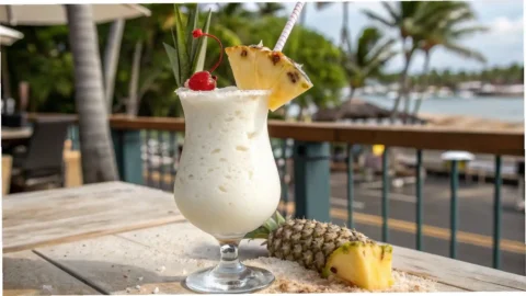 "A perfectly crafted Virgin Piña Colada in a tall hurricane glass, garnished with a fresh pineapple wedge, a red maraschino cherry, and toasted coconut flakes, set against a softly blurred tropical beach background."