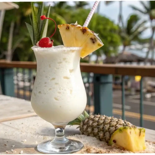 "A perfectly crafted Virgin Piña Colada in a tall hurricane glass, garnished with a fresh pineapple wedge, a red maraschino cherry, and toasted coconut flakes, set against a softly blurred tropical beach background."