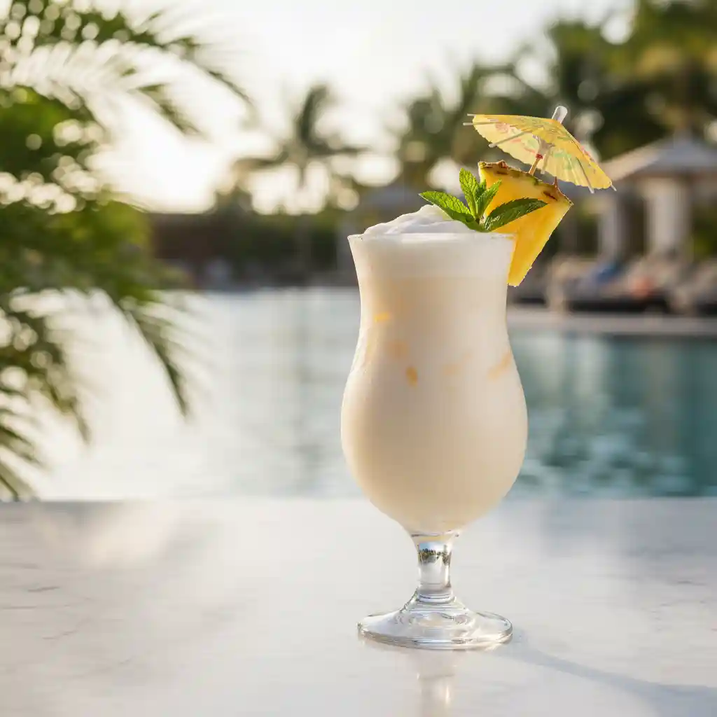 "A creamy Virgin Piña Colada in a tall hurricane glass, garnished with a fresh pineapple wedge, green mint sprig, and a small paper umbrella, resting on a white marble surface with a blurred tropical pool and palm trees in the background."